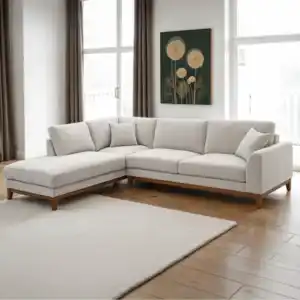 A stylish Watton Mid-Century Modern sectional sofa in light gray chenille fabric, featuring a left chaise and warm walnut tone wood trim, set in a bright, contemporary living room.