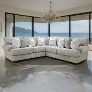 Nerone Gray Sectional Sofa in transitional style with oversized seating, displayed in a modern living room by the ocean view.