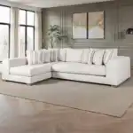 Alameda Sectional Sofa in natural quartzite fabric with bench seating and track arms in a transitional living room.