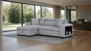 Contemporary Chatteris Gray Sectional Sofa with left chaise and built-in bookcase arm.