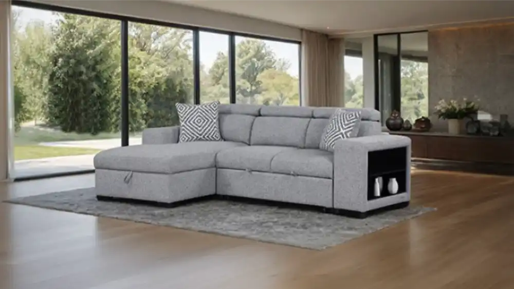 Contemporary Chatteris Gray Sectional Sofa with left chaise and built-in bookcase arm.