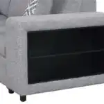 Chatteris sectional sofa bookcase arm detail in gray fabric.