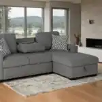 Chatham gray sectional sofa with right chaise and dropdown table in modern living room.