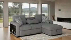 Chatham sectional sofa in gray fabric with USB charging ports and pillows.