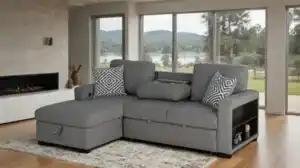 Chatham Gray Left Chaise Sectional Sofa with storage bookcase arm.