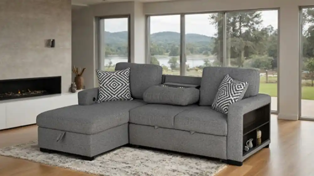 Chatham Gray Left Chaise Sectional Sofa with storage bookcase arm.