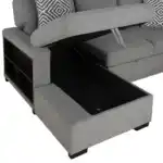 Alt Text: Chatham Gray Sectional Sofa chaise storage compartment open.