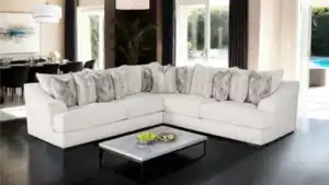 Off-White Moorpark Boucle Sectional Sofa with contemporary cushions.