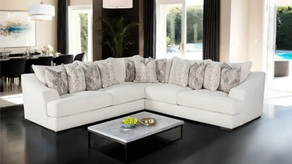 Off-White Moorpark Boucle Sectional Sofa with contemporary cushions.