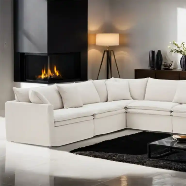 Crayford Taupe Sectional Sofa front view with linen upholstery and feather blend cushions in a Tampa living room.