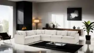 Crayford Taupe Sectional Sofa in a modern living room scene styled with decor and lighting in Tampa.