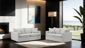Crayford Light Gray Sofa and Loveseat set in modern living room Tampa.