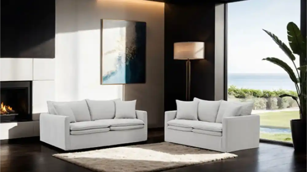 Crayford Light Gray Sofa and Loveseat set in modern living room Tampa.