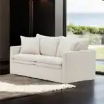 Traditional taupe linen loveseat with feather blend cushions in modern living room Tampa