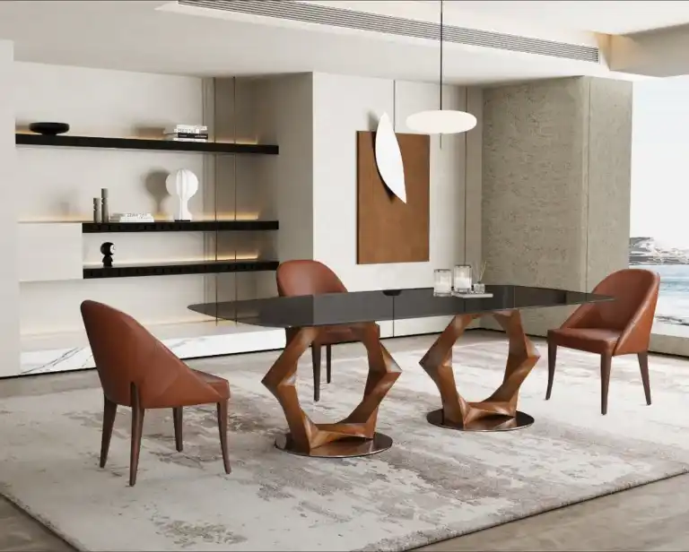 Modern rectangular glass top dining table with a unique geometric wooden base and brown leather chairs in a Tampa dining room.