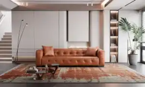 Luxury Italian leather living room set featuring off-white sofas with high-gloss dark wood trim, ideal for Tampa homes.
