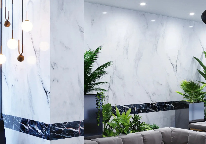 Stone and marble effect contract wall panels for hotel reception desks and bar back panels — European decorative panels Florida