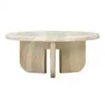 Patrizia 36-inch Faux Travertine Concrete Round Coffee Table on a white background, showcasing the unique three-leg base and natural-looking stone grain of the concrete material.