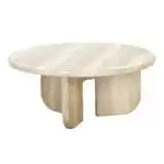 Patrizia Faux Travertine Concrete Round Coffee Table, showing the side profile and curved three-leg base structure on a clean white background. Perfect for modern outdoor spaces.