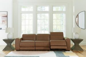 Magic Man brown leather reclining sofa 3-piece power sectional in a modern Tampa living room.