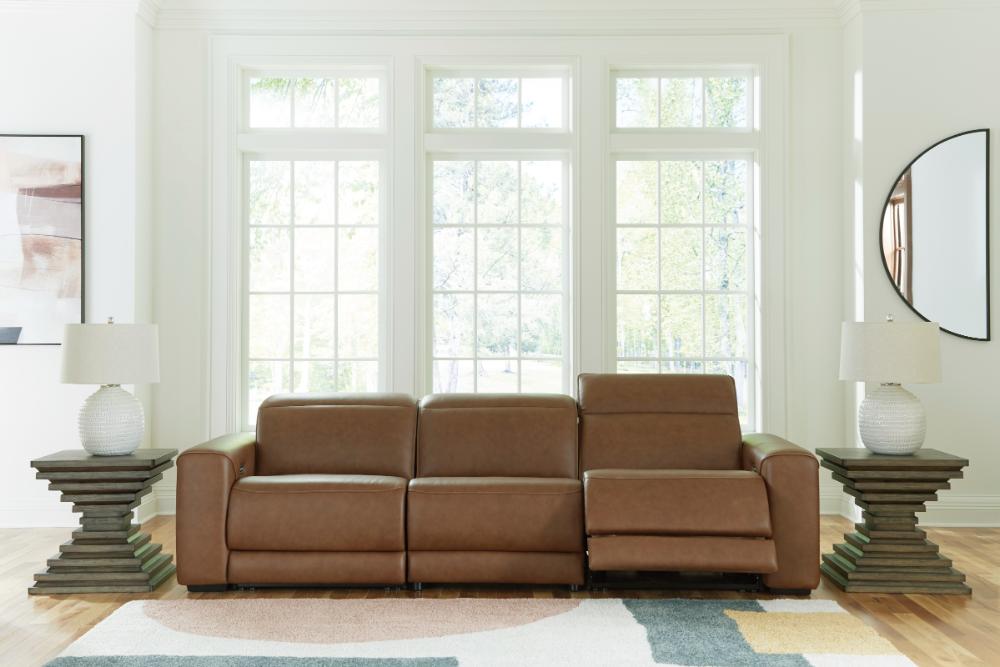 Magic Man brown leather reclining sofa 3-piece power sectional in a modern Tampa living room.