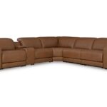 Magic-Man-Brown leather sectional sofa 6-piece power reclining with console and wireless charging in Tampa showroom.