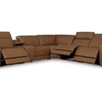 Magic-Man-Brown leather sectional sofa 6-piece power reclining with console and wireless charging in Tampa showroom.