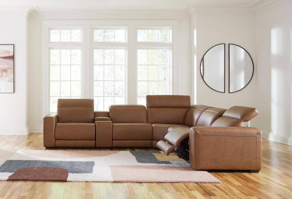 Magic-Man-Brown leather sectional sofa 6-piece power reclining with console and wireless charging in Tampa showroom.