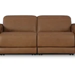 Magic Man 2-piece power reclining sectional loveseat in premium brown leather at Deluxe Home Decor & Furniture Tampa.