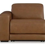 Magic Man 3-piece power reclining sectional loveseat with storage console and wireless charging in premium brown leather at Deluxe Home Decor & Furniture Tampa.