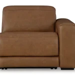 Magic Man 3-piece power reclining sectional loveseat with storage console and wireless charging in premium brown leather at Deluxe Home Decor & Furniture Tampa.