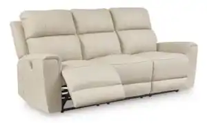 Dahlmoore power sofa with footrests extended, showing the individual power recline function on the outer two seats. Almond top grain leather finish and durable metal mechanism.