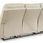 Back view of the Dahlmoore power sofa showing the expertly matched faux leather exterior and minimal wall clearance required for reclining motion. Zero-draw technology details.