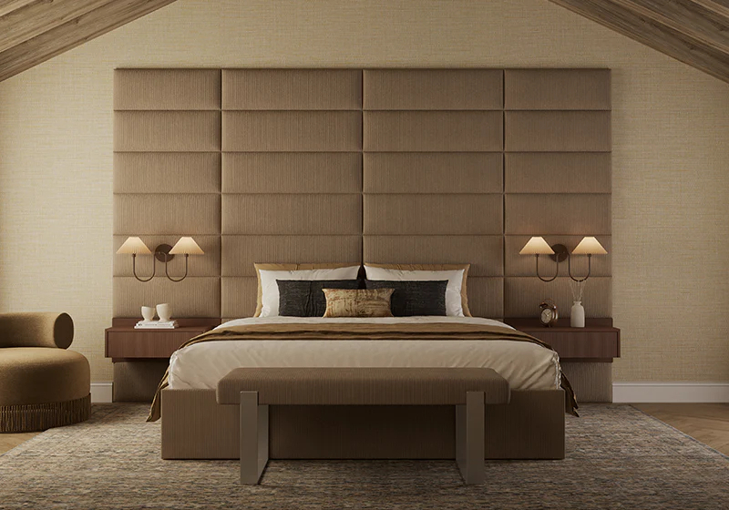 Upholstered and fabric contract wall panels for hotel guest rooms and spa environments — European decorative panels Florida