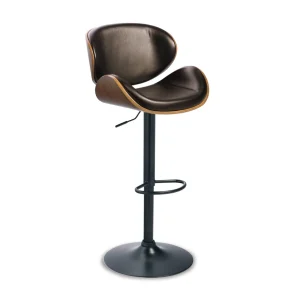 Alex brown adjustable bar stool with leather seat and black pedestal base