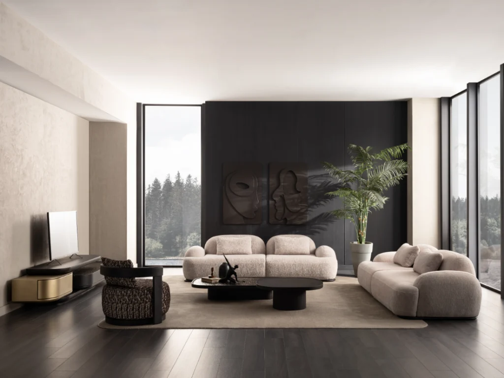 Modern cream living room set with sofas, accent chair, coffee tables and TV console for best living room sets tampa