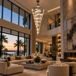 Large black crystal chandelier in a high-ceiling modern living room