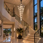 Black staircase chandelier with cascading crystals beside a modern staircase