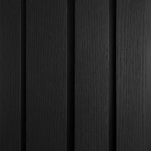 PVC black fluted wall panel with modern decorative texture and matte wood grain finish.