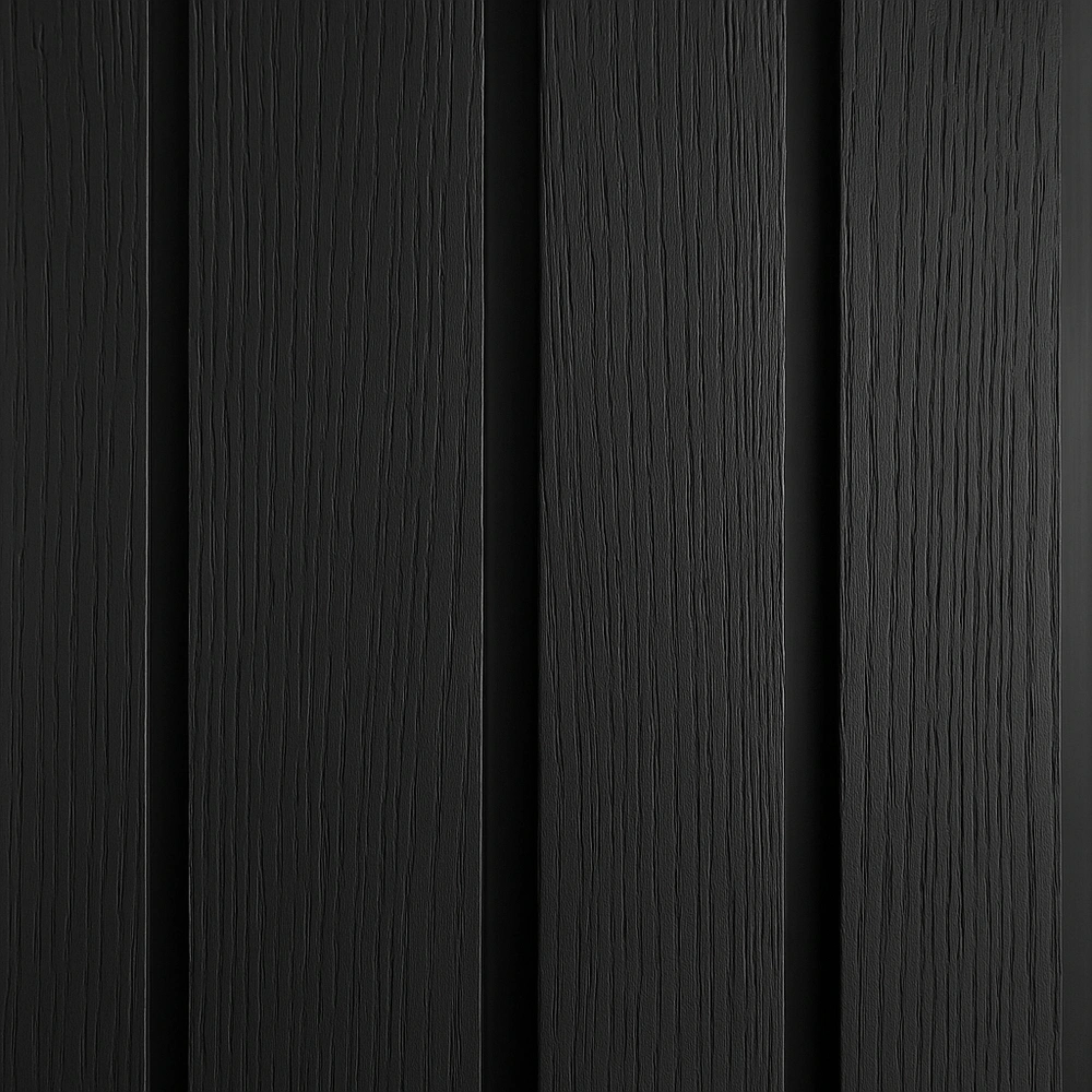 PVC black fluted wall panel with modern decorative texture and matte wood grain finish.