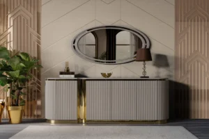 Cappadocia beige and gold sideboard with sculptural design, 4 doors, and oval accent mirror, available in Tampa.