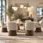 Carl cream swivel dining chairs around a modern dining table