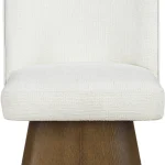 Front view of Carl cream swivel dining chair with wood pedestal base