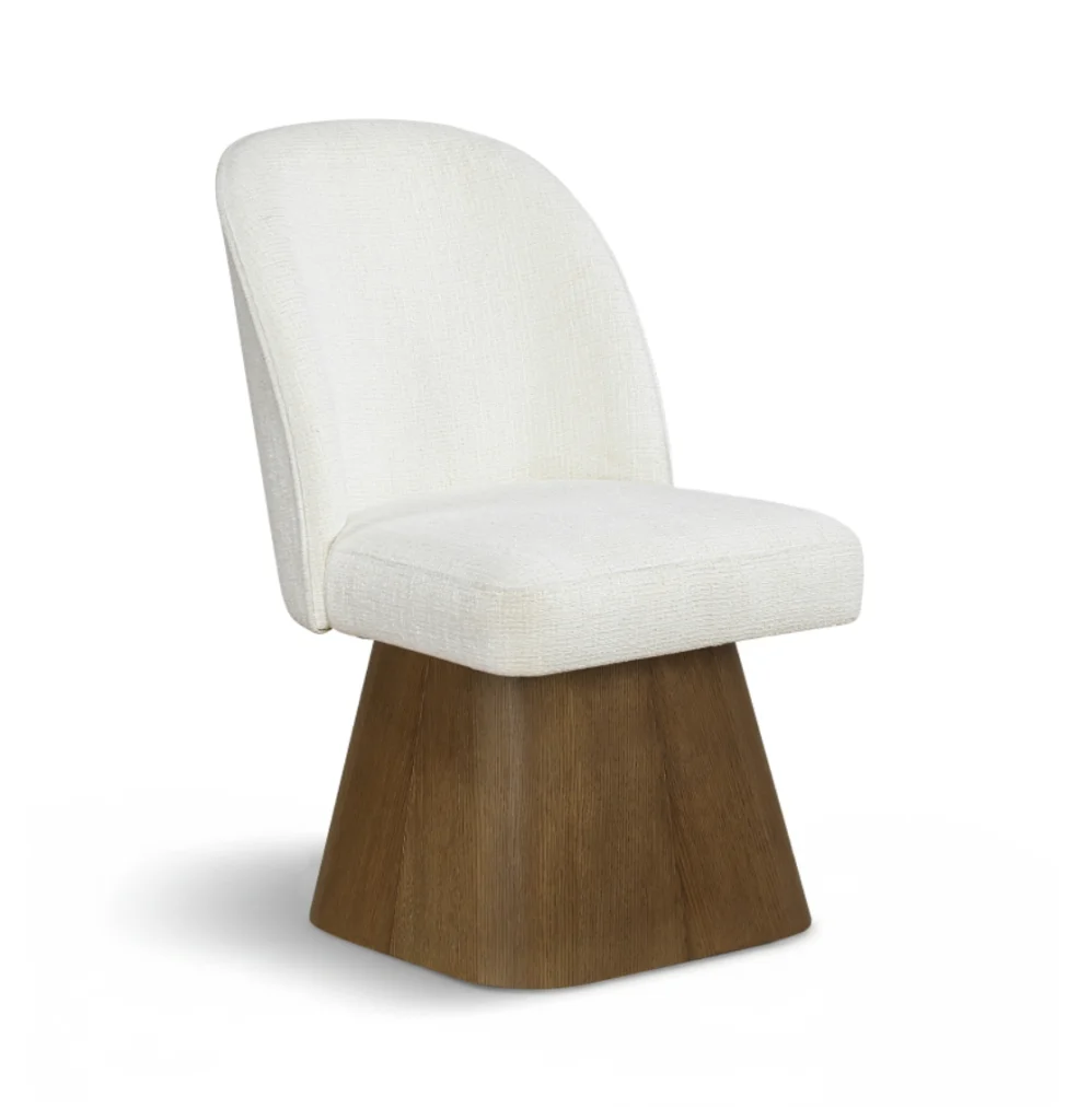 Carl cream swivel dining chair with brown walnut wood base