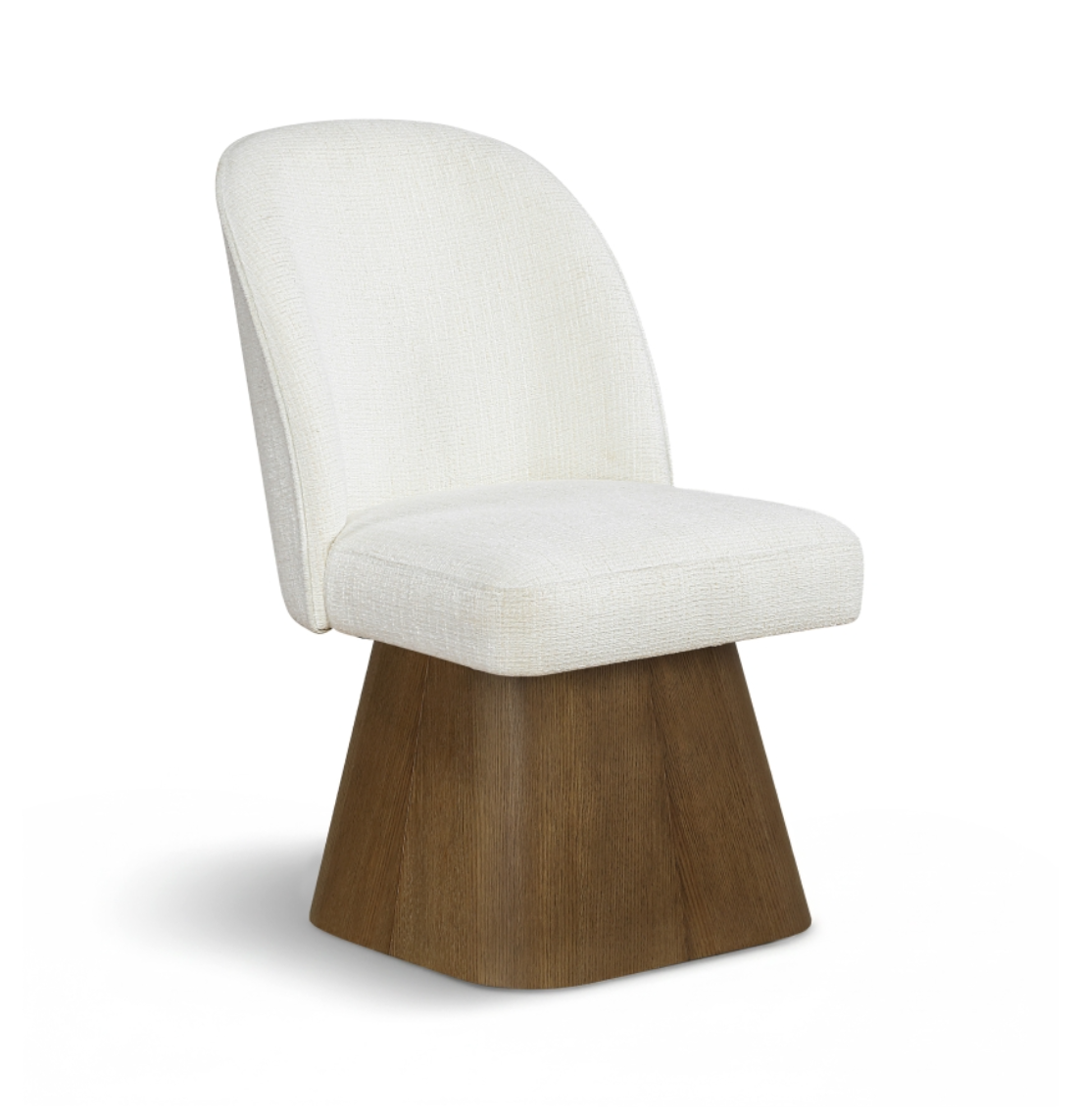 Carl cream swivel dining chair with brown walnut wood base