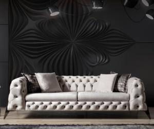 New Scala 3-Seater Chesterfield Sofa in Micro Velvet with customizable metal legs in silver, gold, and black.