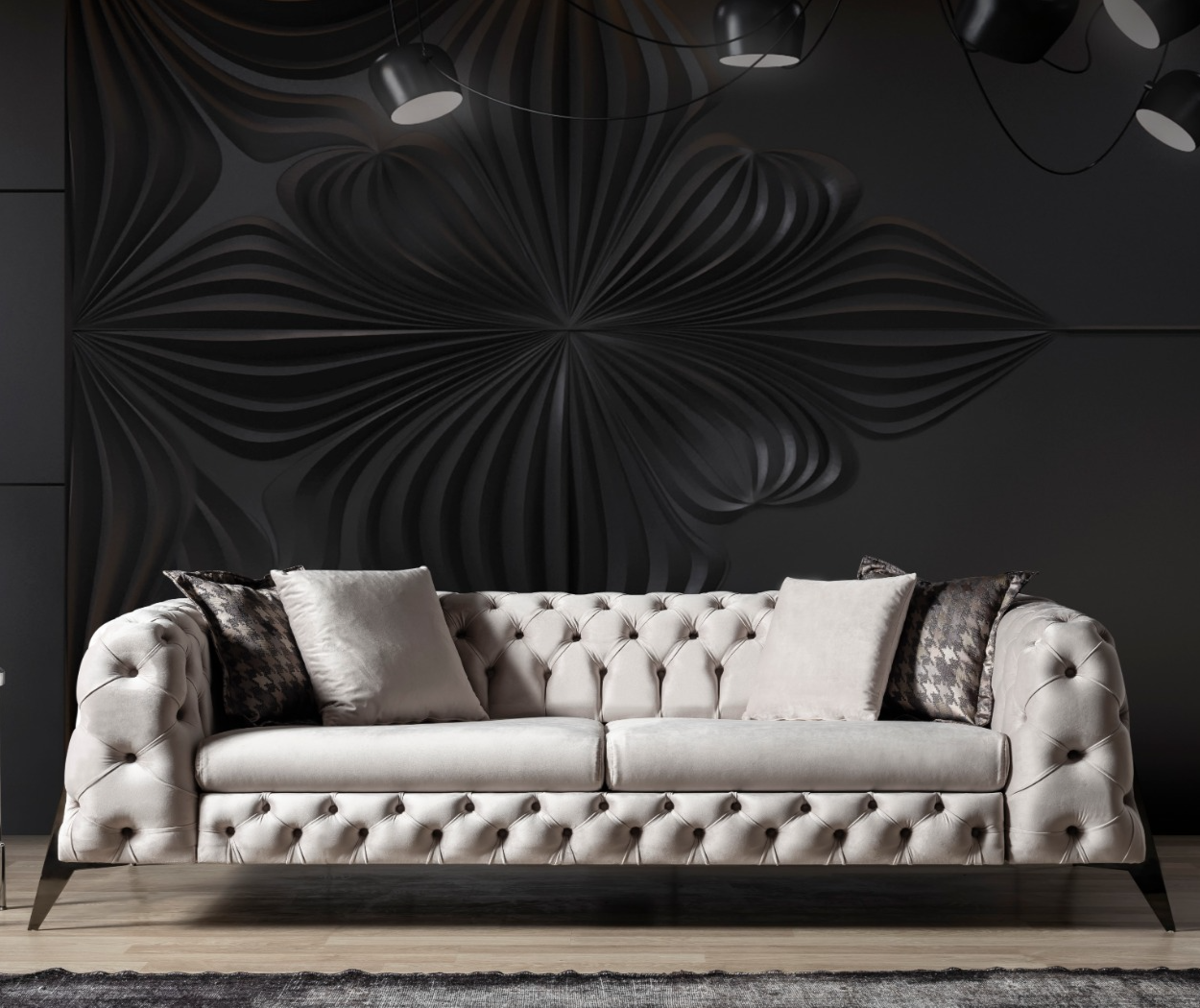 New Scala 3-Seater Chesterfield Sofa in Micro Velvet with customizable metal legs in silver, gold, and black.