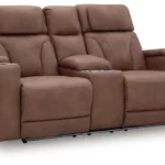 Clean-Slate Caramel Power Reclining Loveseat with center console and cup holders, shown in the closed position from a front angle.