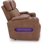 Side profile of the Clean-Slate Caramel Power Loveseat showing the reclined position and the blue LED ambient lighting cutout on the side panel.