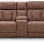 Side profile of the Clean-Slate Caramel Power Loveseat showing the reclined position and the blue LED ambient lighting cutout on the side panel.
